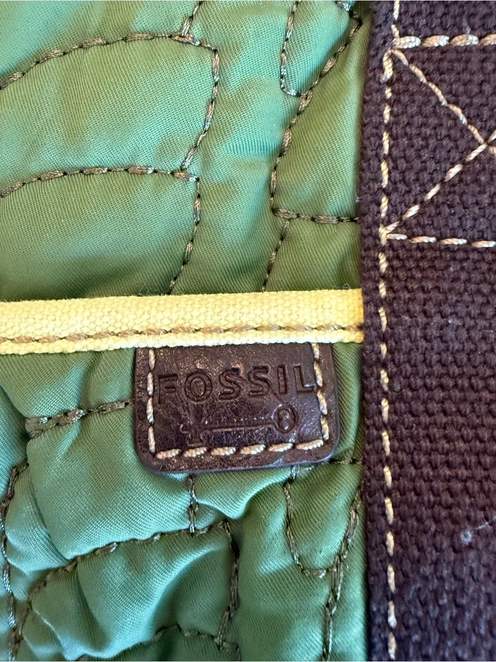 Fossil Quilted Green Messenger Bag with Tan Base Vintage EUC
